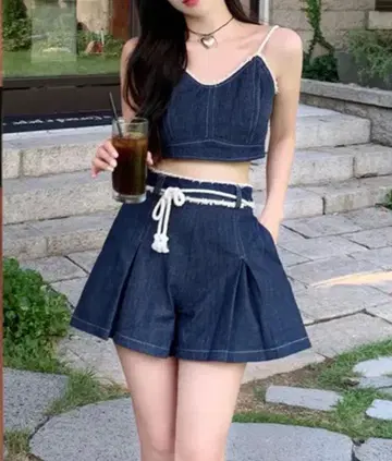 데님 플리츠 미니 스커트 로프 벨트 포함