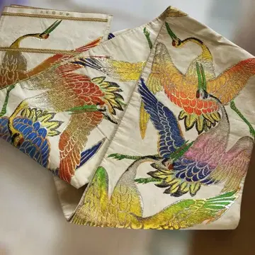 순수 실크 빈티지 앤티크 오비 럭셔리 화려한 학 일본 의류