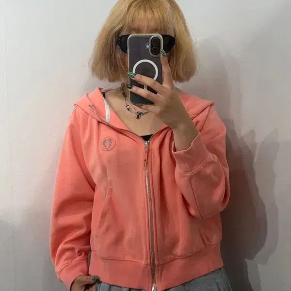 S 라이프워크 핑크 컬러 실버 라독 하이넥 후드집업