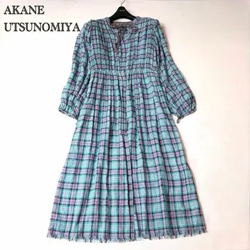아카네 우츠노미야 체크 무늬 맥시 길이 원피스 퍼프 슬리브 일본제 36