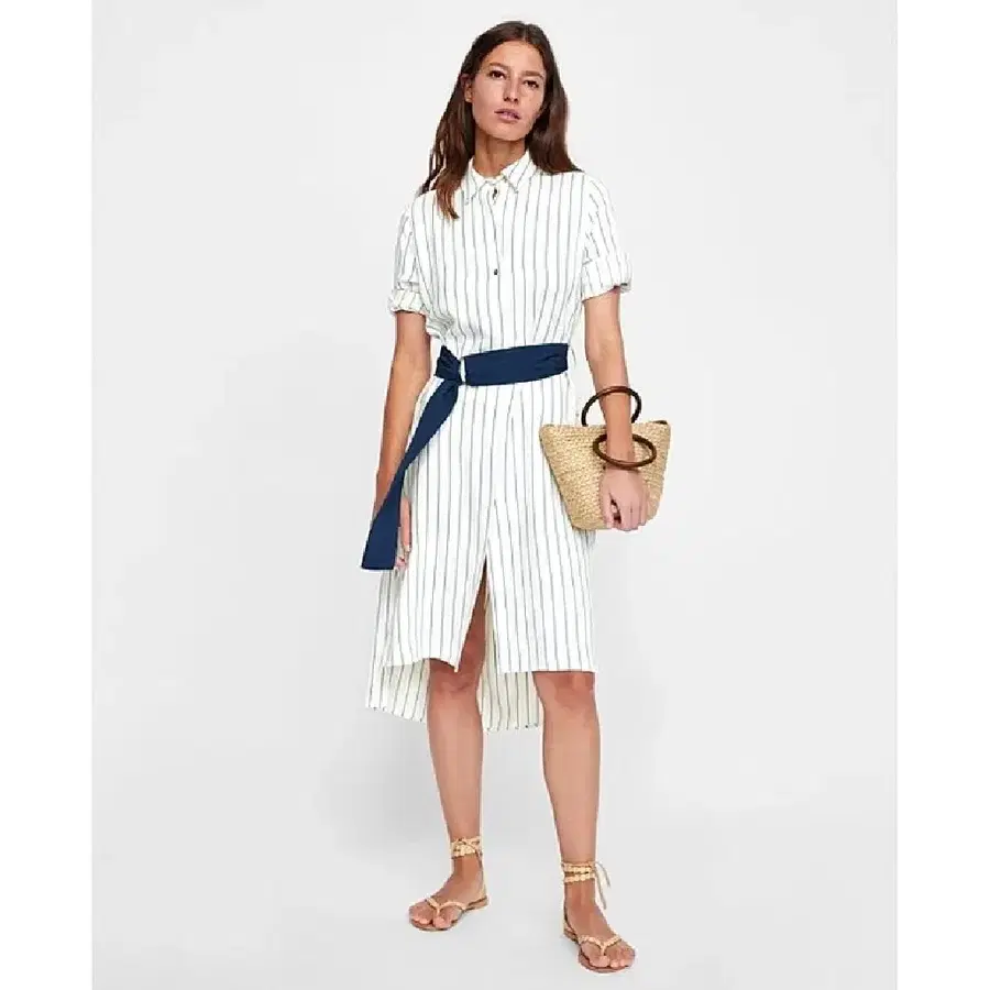 S) ZARA 자라 스트라이프 패턴 벨티드 원피스