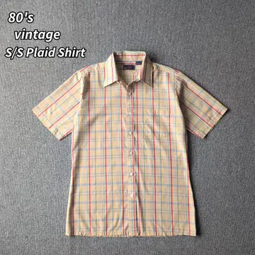 80s 빈티지 셔츠 반팔 베이지 체크 M 구제 의류 멀티 컬러