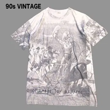 90s 빈티지 그리스제 고대 트로이 전쟁 올 패턴 티셔츠