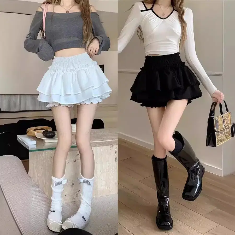 주름 캉캉 미니스커트 블랙 / 화이트