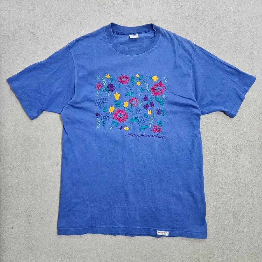 빈티지 싱글스티치 플라워 자수 티셔츠 M Made in USA
