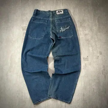 D758 초와이드 W34 FUBU 후부 데님 팬츠 자수 로고 B계 배기