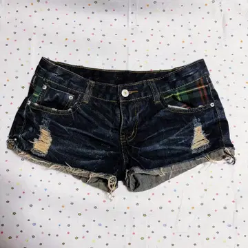 헤이세이 갸루 데미지 가공 데님 숏팬츠 체크 무늬 절개 빈티지