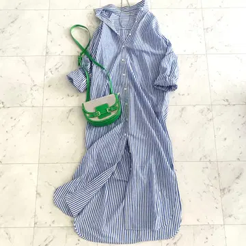 컨디션 최상 플라주 코튼 린넨 스트라이프 셔츠 원피스 일본제 블루