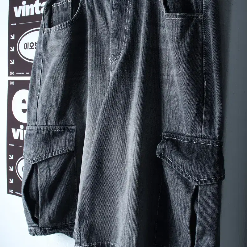 (M-XL) 에비던스 반바지 팬츠 버뮤다 카고 데님 흑청-P10517
