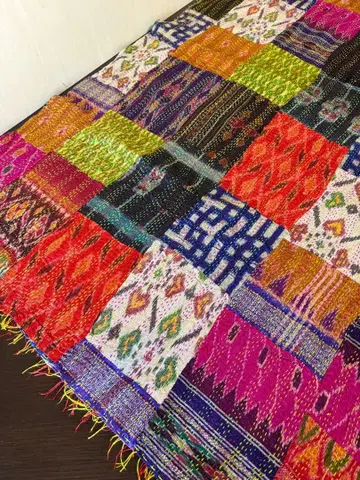 인도 칸타(Kantha) 앤티크 사리 실크 패치워크 자수 90 x 240