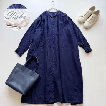 nest Robe 린넨 개더 스모그 원피스 네이비 V넥 밴드 카라