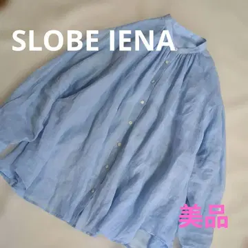 SLOBE IENA 라미 개더 셔츠 색스 블루 밴드 카라 린넨