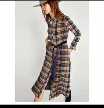 ZARA 체크 무늬 긴팔 셔츠 롱 원피스 허리 리본