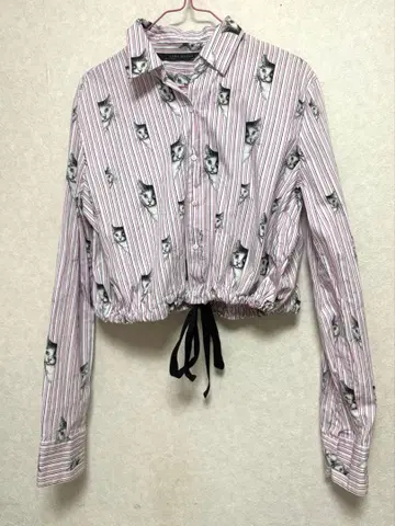 ZARA 고양이 패턴 스트라이프 크롭 셔츠 긴팔