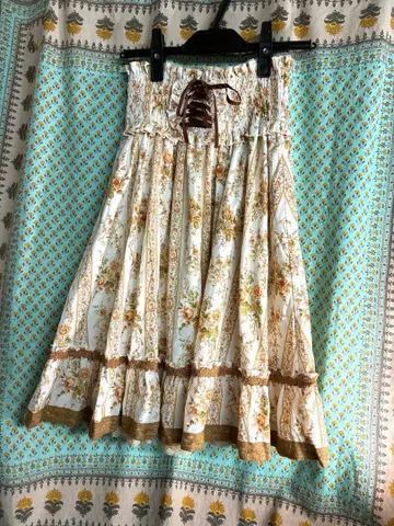 헤이세이 레트로 장미 패턴 레이스업 스커트 페어리 그런지 히메카지 모리걸