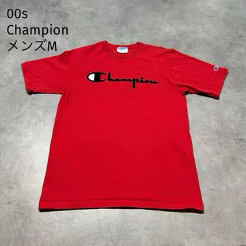 00s Champion 플로키 프린트 로고 T셔츠 남성용 M 빨간색