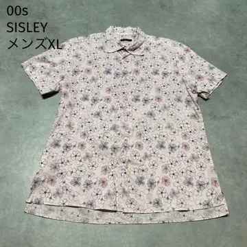 00s SISLEY 꽃무늬 올 패턴 반팔 셔츠 남성용 XL 플라워 핑크