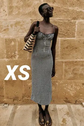 ZARA 핏 깅엄 체크 패턴 미디 원피스 XS