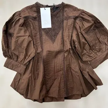 ZARA 레이스 디테일 블라우스 브라운 S 자수