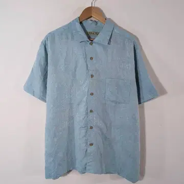 반팔 셔츠 라이트 블루 자카드 직조 XXL 보태니컬 무늬 vintage