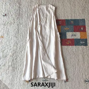 SARAXJIJI 린넨 트윌 카슈쿨 에이프런 롱 베스트 원피스