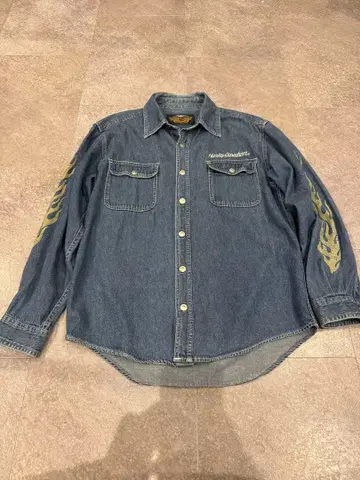 새상품급 Harley Davidson 데님 셔츠 파이어 패턴 L