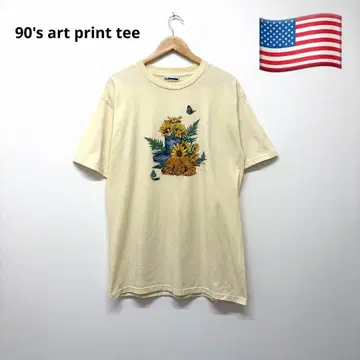 90s 빈티지 아트 프린트 T셔츠 해바라기 닥스훈트 나비