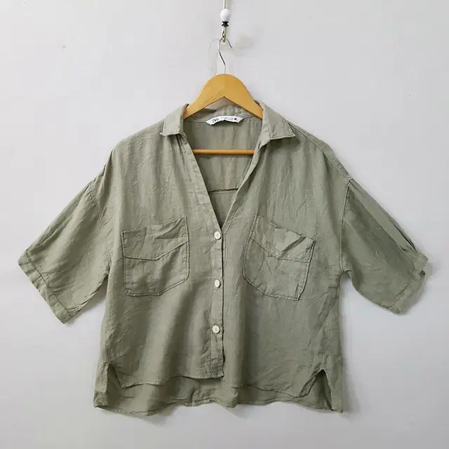 ZARA 린넨 크롭 셔츠 카키