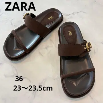 미사용급 ZARA 스웨이드 골드 버클 플랫 샌들 다크 브라운