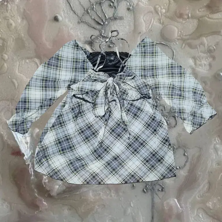 일본 빈티지 쉬폰 체크 패턴 리본 레이스 블라우스 홀터넥 시크