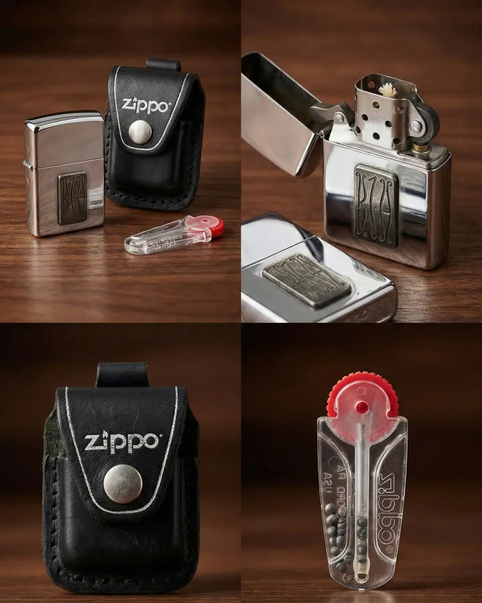 빈티지 지포(Zippo) 라이터 + 정품 가죽 케이스 + 부싯돌 포함