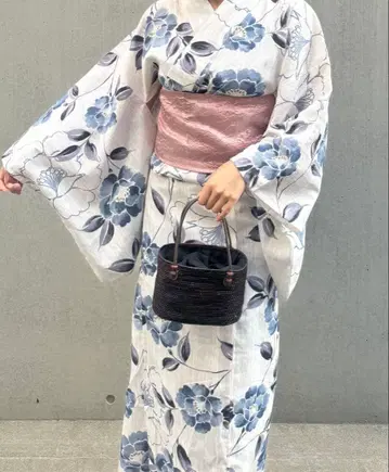 기모노 야마토 여성용 유카타 오비 세트 오비끈 꽃무늬 화이트 베이스