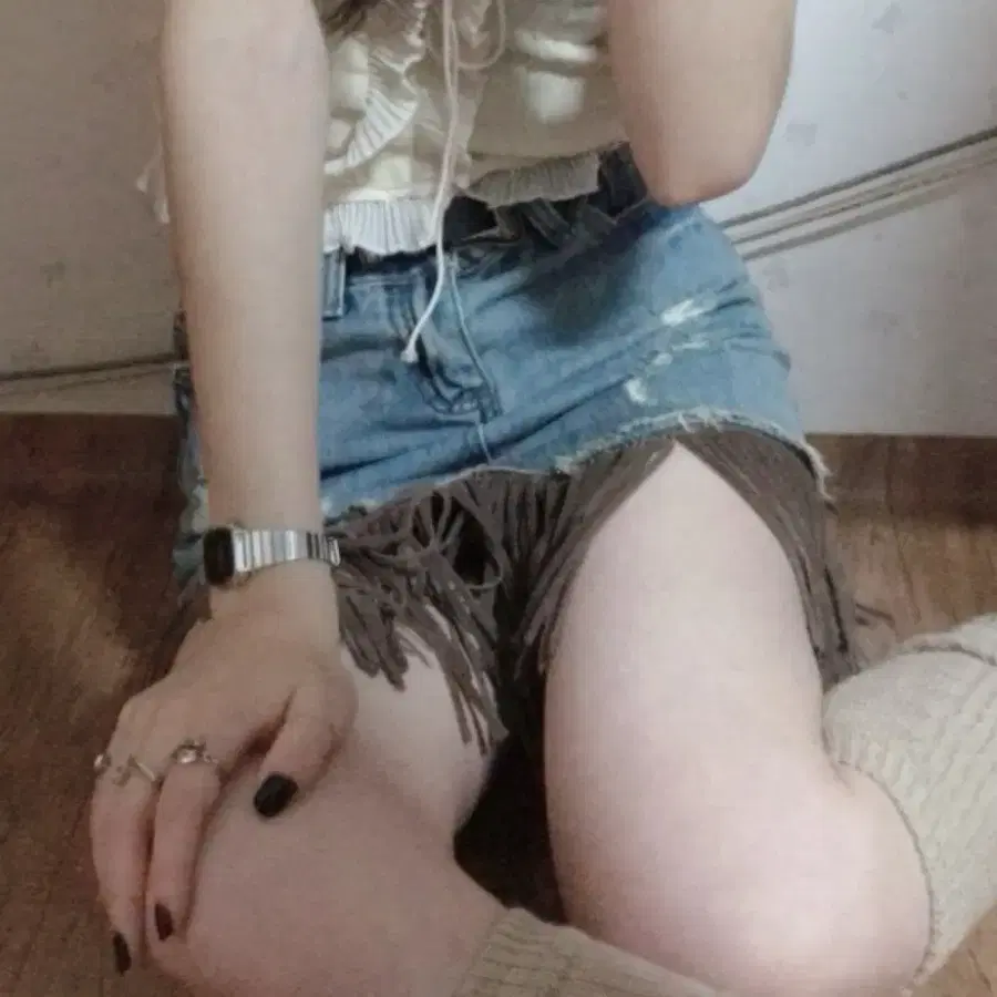 빈티지 웨스턴 프린지 데님 스커트