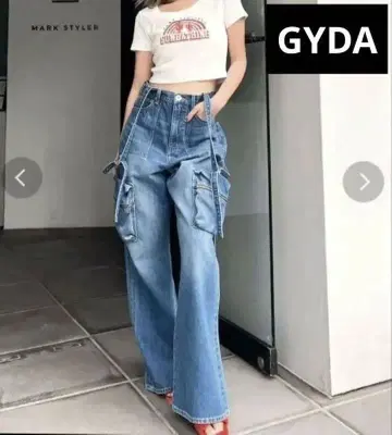 GYDA 서스펜더 카고 데님 팬츠 와이드 플레어