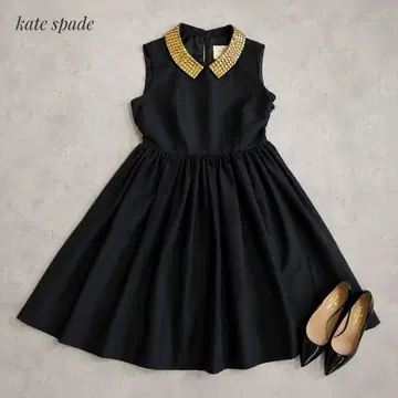 Kate Spade 실크 혼방 스터드 칼라 플레어 원피스 블랙 0
