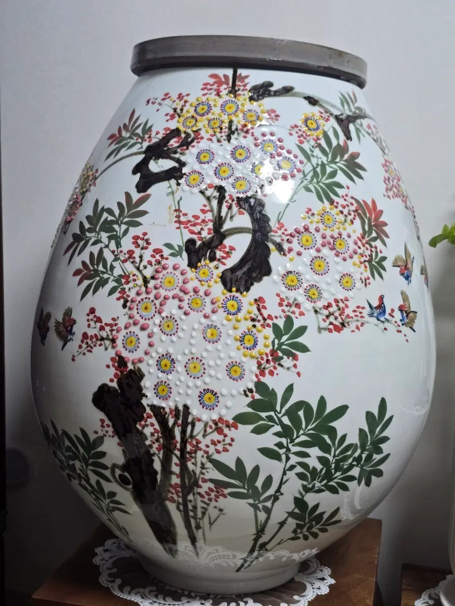 도자기 화병 꽃 문양 새 그림 고급스러워요