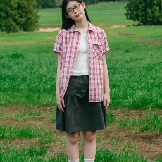 오헤시오 체크포켓 하프셔츠 레드