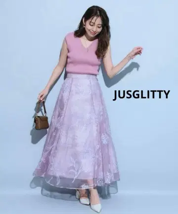 JUSGLITTY 재스그리티 베일 라메 자수 스커트 꽃무늬 플레어