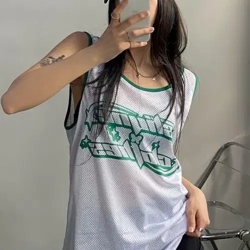 지머오 오버핏 매쉬 나시티 초록 민소매