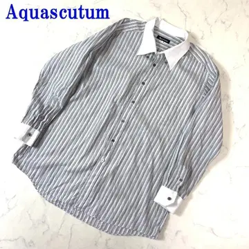 Aquascutum 긴팔 셔츠 그레이 화이트 스트라이프 면 L C2395