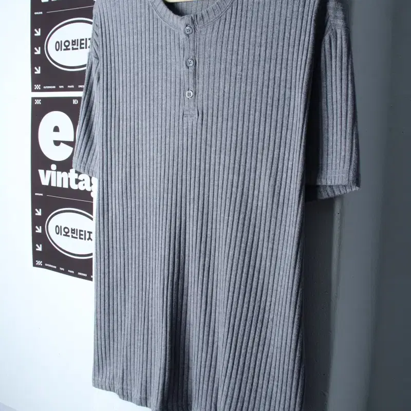 (L-XL) 드로우핏 반팔 티셔츠 니트 헨리넥 그레이 놈코어-H34585