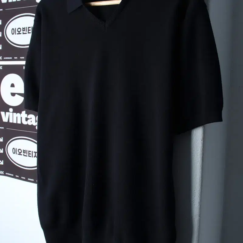 (M-L) 수아레 반팔 카라 티셔츠 니트 브이넥 블랙 놈코어-H34795