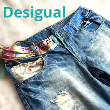Desigual 데님 팬츠 데미지 가공 터콰이즈 장식