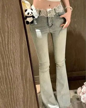 레이스 장식 플레어 데님 팬츠 블루