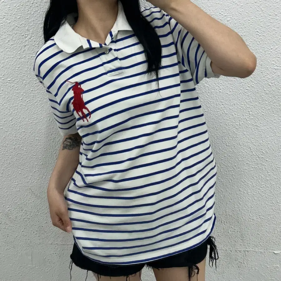 폴로 랄프로렌 빅포니 블루 스트라이프 화이트 pk반팔 L
