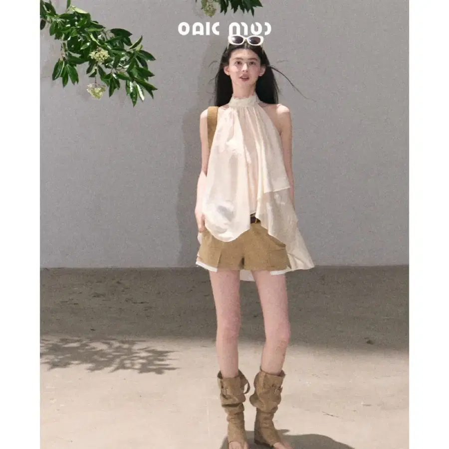 OAKMOO 블라우스 주름진 레이스 민소매 홀터넥 탱크탑