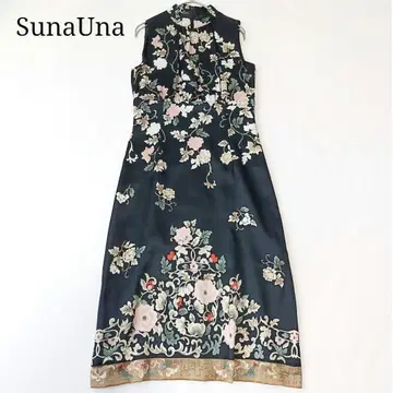 [ SunaUna ] 차이나풍 슬리브리스 원피스 꽃무늬 일본풍 패턴