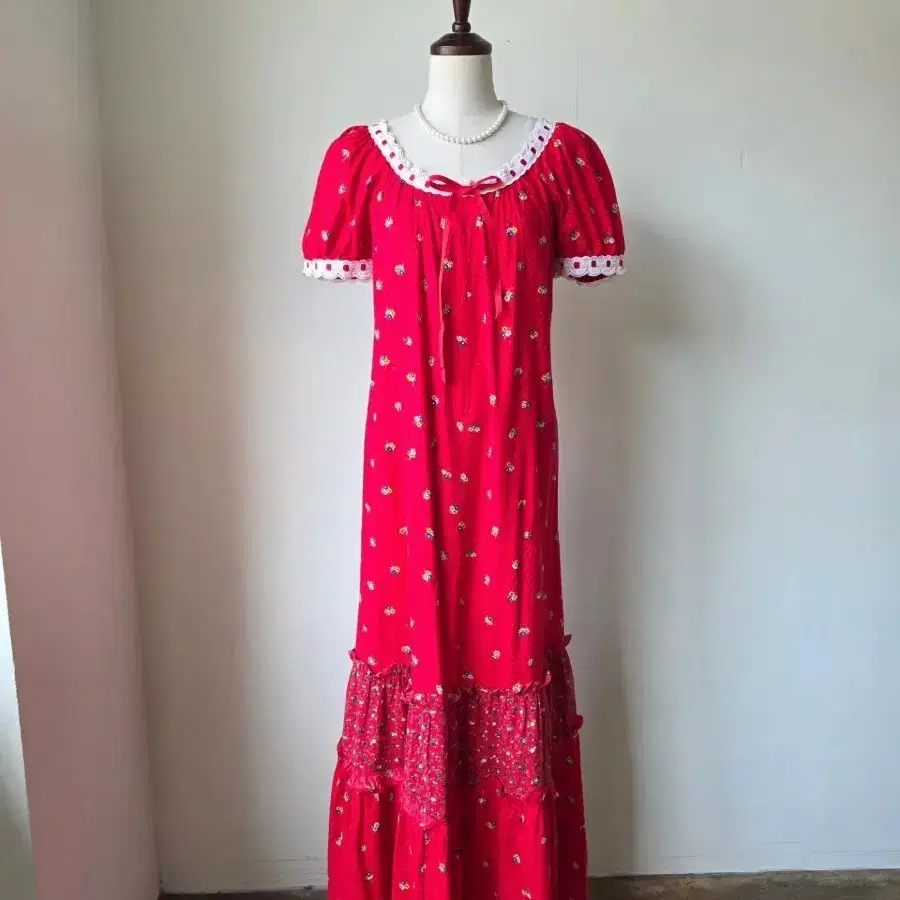 70s 레어 빈티지 마모 하와이 잔꽃 레이스 맥시 원피스