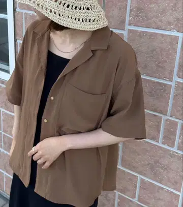 hunch 빈티지 크로스 오픈 카라 셔츠 반팔 모카