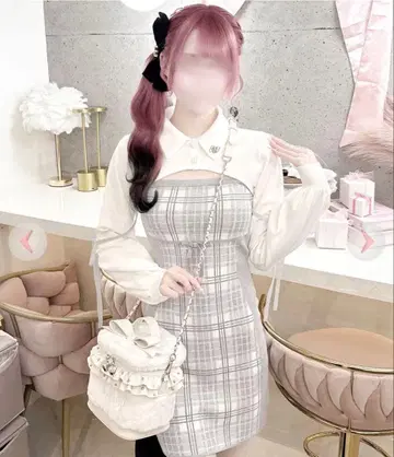 허니뮤우 카라 부착 볼레로 체크 앙상블 원피스 그레이